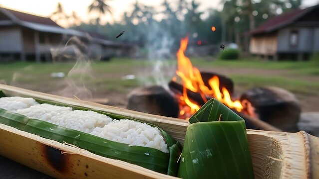 Close-up shot of lemang, a traditional Indonesian food, being cooked over a fire.
