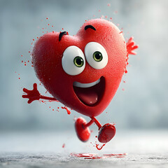 Red heart character with a cheerful smile and big green eyes running happily, splashing red paint while celebrating happiness, love, connection, and joy
