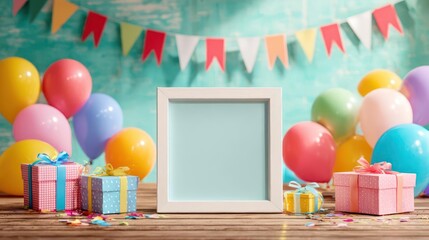 Brightly colored balloons and gift boxes surround a blank white frame on a rustic wooden surface with festive bunting
