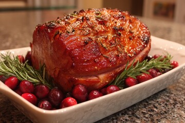 Delicious holiday honey glazed ham roast decorated with fresh rosemary and cranberries on a platter, ready for Christmas or Thanksgiving dinner service.