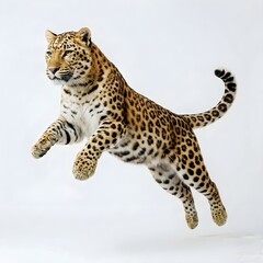 Naklejka premium Full body of a rare Amur leopard leaping in mid-air against a white studio background