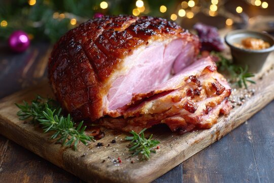 Festive Honey Glazed Christmas Ham Sliced on a Rustic Board, decorated with rosemary and pepper, against a background of holiday lights.