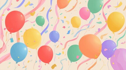 Vibrant and festive background with colorful balloons and swirling streamers celebrating a joyful occasion