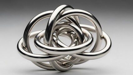 Naklejka premium A close-up photograph of a shiny, metallic, intertwined knot sculpture with a smooth surface.