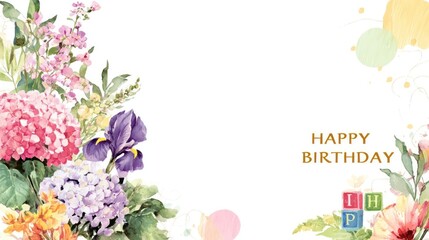 Beautiful watercolor floral arrangement with happy birthday text and colorful blocks on a white background