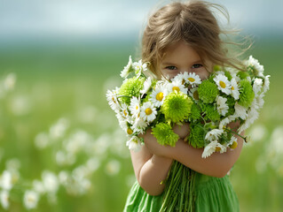 Little girl peeking over a large bouquet of white and green flowers in a sunlit meadow, smiling with joyful innocence and playful springtime charm
