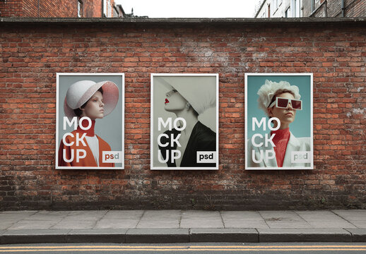 Urban poster mockup on bricked city wall