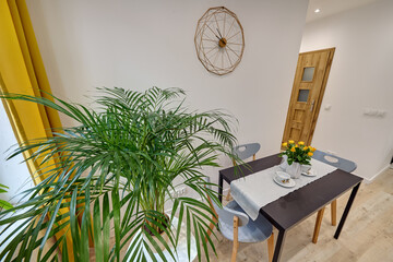 Salon w nowoczesnym apartamencie – jadalnia ze stolikiem z talerzami, duży zielony kwiat w doniczce © arteffect.pl