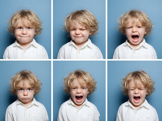 Young boy portrait collage expressing a range of emotions including happiness, anger, frustration, and sadness, showing childhood feelings against a blue background