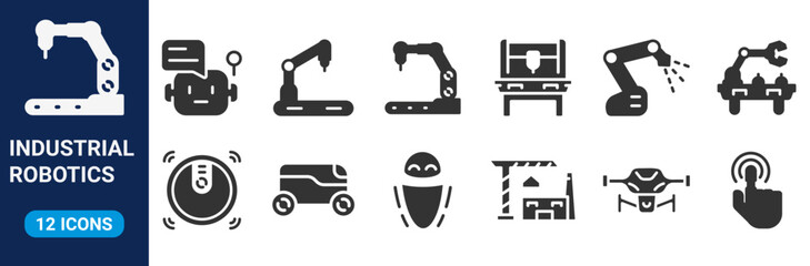 industrial robotics and automation technology web line icons. engineering interfaces, and smart industry. Editable stroke. Vector illustration
