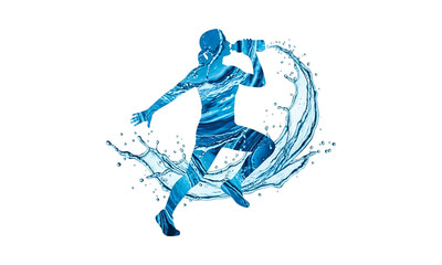 Illustration of a soccer player in mid-kick with a water splash effect on a transparent background, perfect for sports and action-themed designs.