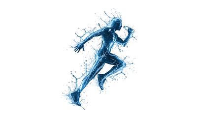 Abstract water splash forming a runner silhouette on a transparent background. Ideal for fitness and motion graphics.