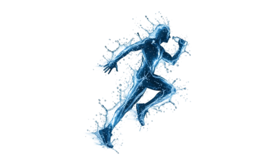 Abstract water splash forming a runner silhouette on a transparent background. Ideal for fitness and motion graphics.