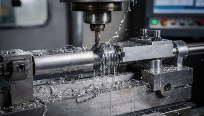 Medium shot of thread mill cutting metal workpiece clamped securely in a vise using parallels and stops for precise machining.