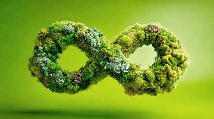 A circular economy symbol crafted from plants highlights nature restoration. Green tones fill the background, offering space for captions on the right side