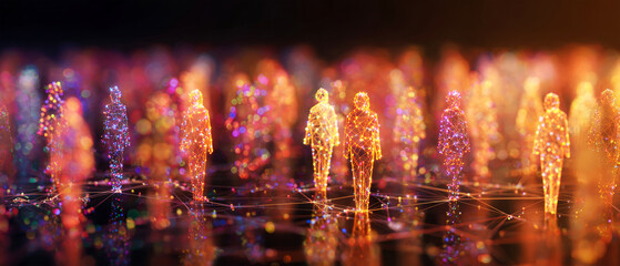 In a stunning display of color and connection, radiant figures form a vibrant social network, their glowing presences linked by luminous lines in a night scene