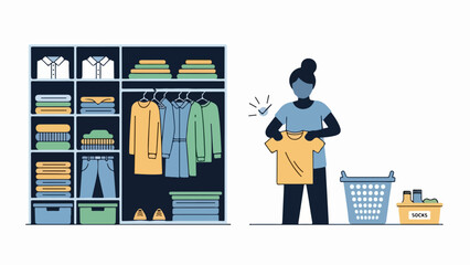 Fototapeta premium Woman organizing clothes in a well-organized closet with shelves and labeled bins