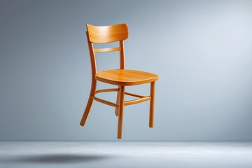 Obraz premium Floating wooden chair isolated on white background symbolizing minimalist furniture design balance craftsmanship and modern interior simplicity, Generative AI