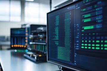 Tech professionals analyze data in a modern office environment with multiple monitors