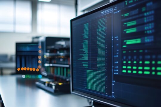 Tech professionals analyze data in a modern office environment with multiple monitors - Powered by Adobe