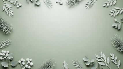 Soft sage green winter foliage frame background with minimal leaves