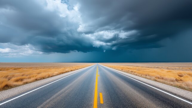 Endless road leading into stormy horizon symbolizing journey uncertainty freedom and decisive path forward through dramatic landscape and changing conditions, Generative AI
