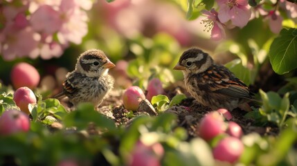two baby sparrows in pink flowers