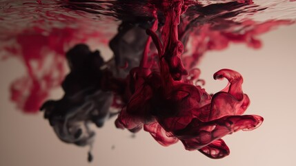 Abstract red and black ink clouds blend and swirl underwater, creating a moody, dramatic artistic visual effect.
