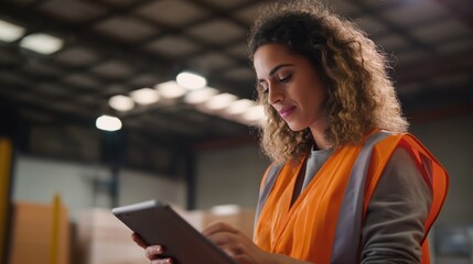 Young female worker in safety vest checks stock or manages inventory using a tablet inside a warehouse.
