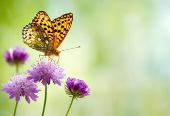 Obraz premium Butterfly perched on vibrant purple flowers in a natural outdoor setting