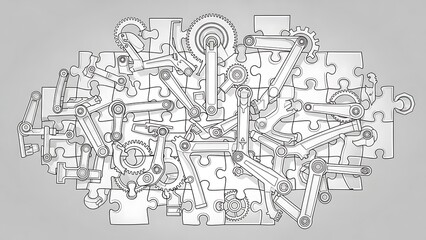 Obraz premium Intricate illustration of a mechanical system composed of puzzle pieces, gears, and connecting rods.
