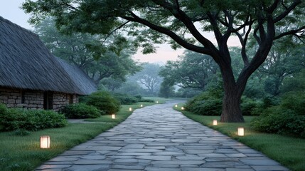 Serene pathway lined with glowing lanterns, leading through lush greenery and rustic cottages, creating a tranquil atmosphere for evening strolls in nature