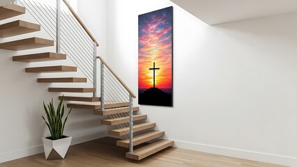 Modern Staircase with Floating Wooden Steps and Metal Railing Featuring Cross Artwork stairs