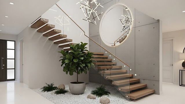 Modern Floating Staircase with Indoor Plant and Concrete Wall photo