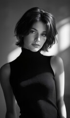 Fototapeta premium Elegant Gaze A captivating black and white portrait of a woman with short, stylish hair, bathed in soft light, exudes poise and confidence.