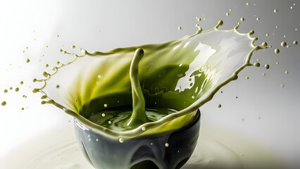 Vibrant splash of green liquid erupting from a dark bowl with dynamic motion