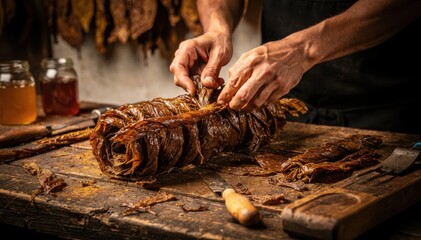 Medium shot focusing on twisting the sweetened tobacco leaves into tight spiral twist blocks using handheld tools emphasizing artisanal preparation techniques.