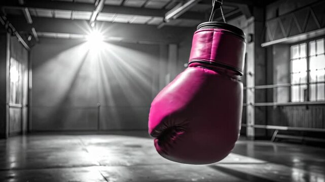 Dramatic shot of a single pink boxing glove hanging in an empty gym.