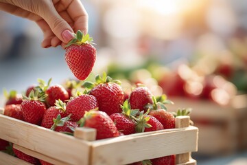 Hand picking fresh strawberries from wooden crate symbolizing organic harvest healthy nutrition sustainable farming and seasonal agricultural abundance, Generative AI