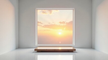 Serene Minimalist Interior with Sunset View and Low Wooden Platform