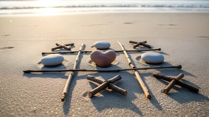 Concept for a Valentine's card: a tic-tac-toe grid drawn in sand, with 'X' and 'O' formed from twigs and pebbles, featuring a central heart-shaped rock. Warm, intimate feel