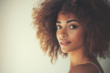 Beautiful young Black woman looking over shoulder, smiling confidently, embracing her natural hair and celebrating identity and heritage during Black History Month