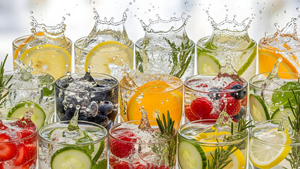 Vibrant assortment of colorful fruit-infused water glasses with splashes and