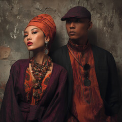 Diverse couple posing together in sophisticated outfits, reflecting a blend of cultural influences and contemporary style through rich fabrics and statement jewelry