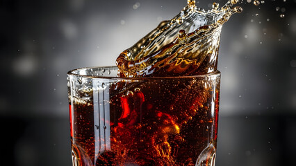 close-up of a glass filled with dark soda and ice cubes splash effect