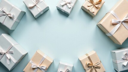 Pastel Presents Arranged in a Festive Frame on a Light Blue Background
