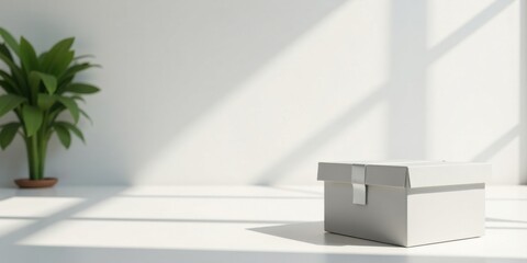 A simple white box sits on a pristine surface bathed in sunlight, next to a potted plant, creating a minimalist and serene scene ideal for product displays or presentations.
