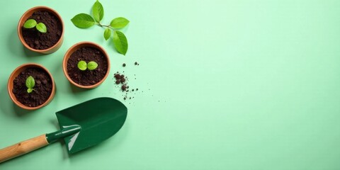 Spring Planting Tiny Seedlings in Terracotta Pots with Gardening Tool and Fresh Green Leaves on a Pastel Background