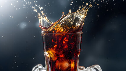Crisp Splash of Cola with Ice Cubes and Dynamic Liquid Movement