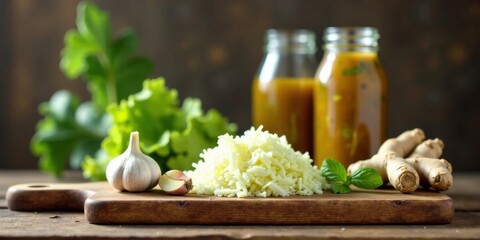 Aromatic culinary ingredients shredded root vegetable, garlic bulb, leafy greens, and ginger root, alongside two jars of golden liquid, all arranged on a rustic wooden cutting board.
